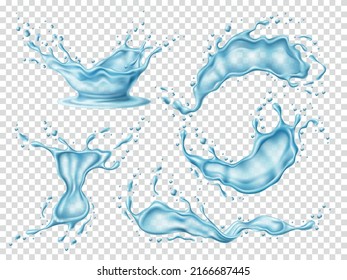 Realistic water splashes. 3d isolated clear splashed water, freshness and purity aqua, flowing and falling blue drops, liquid waves with swirls, transparent elements, utter vector set