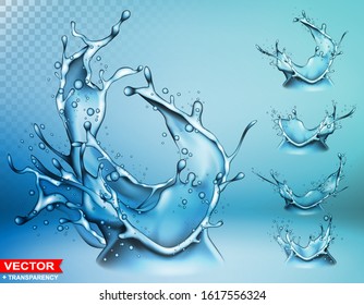 Realistic water splashes, bursts and crown with drops and blots. Pouring liquid on blue background. Layered vector with transparency.