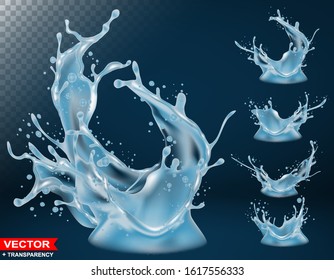 Realistic water splashes, bursts and crown with drops and blots. Pouring liquid on dark blue background. Layered vector with transparency.