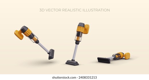 Realistic water vacuum cleaner in different positions. Modern room cleaning equipment. Easy cleaning concept. Vector illustration in 3d style with yellow background