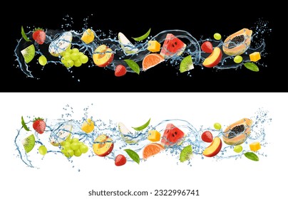 Realistic water wave flow splash with ripe fruits. Ice tea drink. Tantalizing blend of flavors and textures of ripe papaya, watermelon, kiwi or grapefruit with berries capturing the essence of summer