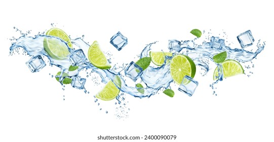 Realistic water wave splash with lime fruit, leaves and ice cubes. Mojito drink 3d vector liquid flow. Fresh cold lemonade, cocktail, refreshing beverage with icy blocks, citrus and spearmint foliage