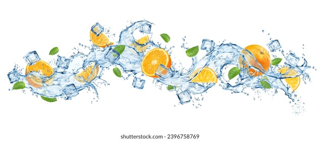 Realistic water wave splash with orange fruit, leaves and ice cubes. Isolated 3d vector flow of cold liquid and frozen blocks, capturing essence of refreshing, cool and invigorating citrus experience