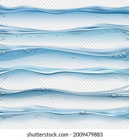 Realistic Water Waves. Sea, Ocean Or Pool Liquid Surface With Bubbles And Splashes. Waterline And Transparent Underwater Effect Vector Set. Illustration Aqua Realistic Surface Water Ocean