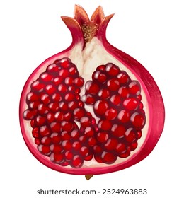 Realistic watercolor drawing of a pomegranate. Cut pomegranate. Vector illustration