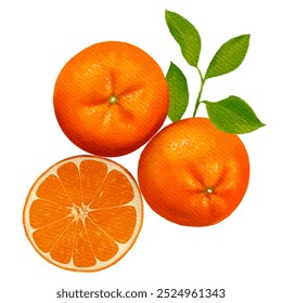 Realistic watercolor drawing of tangerines and twigs. Cut tangerine. Vector illustration