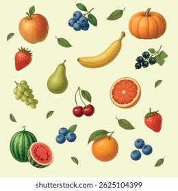 Realistic Watercolor Fruit Set – Apple, Banana, Pear, Pumpkin, Watermelon, Grapefruit, Blueberry