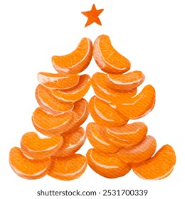 Realistic watercolor illustration. The Christmas tree is made of tangerine slices