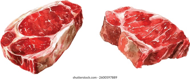Realistic Watercolor Illustration of Fresh Marbled Beef – Raw Red Meat Steak Isolated on White Background, Vector Art for Bar and Restaurant Design