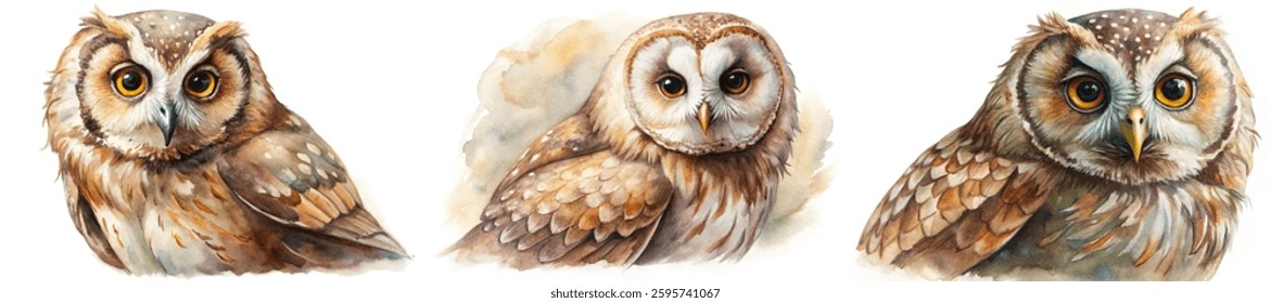 Realistic watercolor owls, detailed feathers, vibrant eyes, nature illustration, wildlife art, educational purpose.