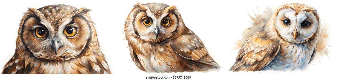 Realistic watercolor owls, detailed feathers, vibrant eyes, artistic style, nature illustration, wildlife art, educational purpose.