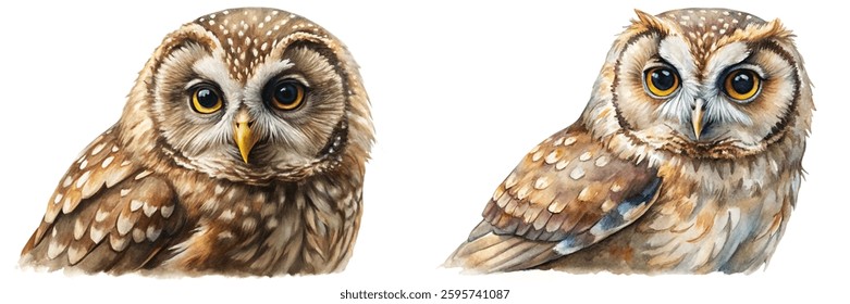Realistic watercolor owls, detailed feathers, nature illustration, wildlife art, perfect for decor.