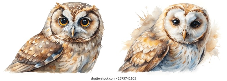 Realistic watercolor owls, detailed feathers, expressive eyes, nature illustration, wildlife art, artistic design.