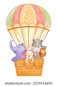Realistic watercolor paint of wildlife animals on balloon with paper textured . Cartoon character design . Vector .
