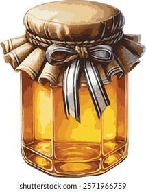 Realistic watercolor painted jar of honey with a cute bow isolated element on white background