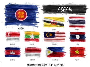 Realistic watercolor painting flag of ASEAN ( Association of Southeast Asian Nations ) and membership on isolated background . Vector .