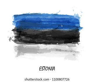 Realistic watercolor painting flag of Estonia . Vector .