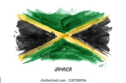 Realistic watercolor painting flag of Jamaica . Vector . ( Not auto trace . Use watercolour brush )