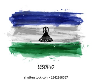 Realistic watercolor painting flag of Lesotho . Vector .