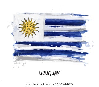 Realistic watercolor painting flag of Uruguay . Vector .