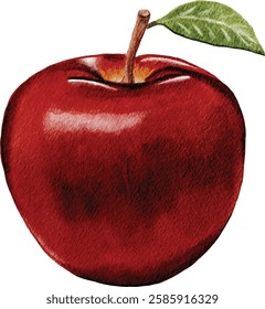 A realistic watercolor painting of a red apple with a green leaf and a brown stem. The vibrant colors and smooth texture make it a perfect representation of fresh, healthy fruit, ideal for food lovers