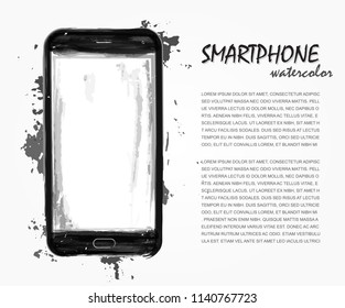 Realistic watercolor painting of smartphone with splash color . Artistic technological vector .