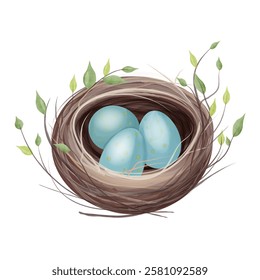 Realistic watercolour illustration of a bird's nest with three blue speckled eggs surrounded by thin branches. Vector illustration.