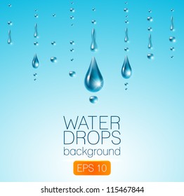 Realistic waterdrops on blue background - vector illustration.