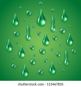 Realistic waterdrops on green background - vector illustration.