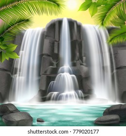 Realistic waterfall background with water rocks sky and trees vector illustration