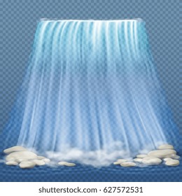 Realistic waterfall with blue clean water and stones, water rapids vector illustration