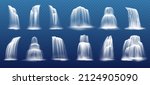 Realistic waterfall cascades, water fall streams vector set. Pure liquid squirts with fog. River, fountain elements for natural design or landscaping. 3d falling waterfall, isolated streaming jets
