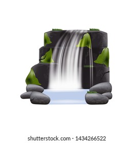 Realistic waterfall cascading stream of clear water among montain stones and plants vector illustration isolated on transparent background. Waterfall splash landscape.