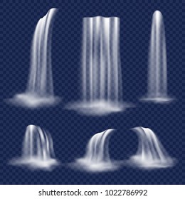 Realistic waterfall set. Vector illustration of falling water streams isolated on transparent background.