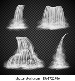 Realistic waterfall vector set isolated on transparency background, various water cascades, naturalistic waterfall design elements, motion blurred waterfall illustrations