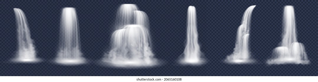 Realistic waterfalls set on transparent background. Falling river water or mountain fall, cascade aqua stream. Nature fluid splash and drop. 3d vector illustration
