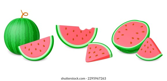 Realistic watermelon 3d set. Juicy fruits, watermelons cuts and half. Natural raw food slice, summer fresh vitamin fruit. Pithy vegan vector graphic