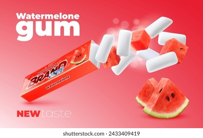 Realistic watermelon chewing gum, vector advertising promo banner with 3d flying pads and mellow fruit slices, offer a burst of juicy, refreshing flavor, creating a summery sensation with each chew