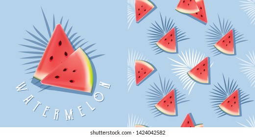 Realistic watermelon illustration and seamless pattern set on blue background