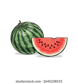 Ilustração de melancia realista com fruta inteira e fatia mostrando a carne suculenta - Ilustração de vetor