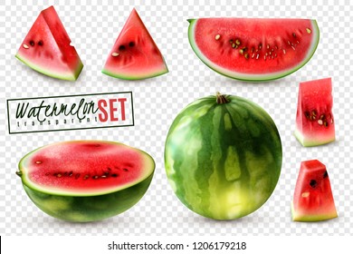 Realistic watermelon set with whole half quarter slices and bite size pieces transparent background isolated vector illustration 