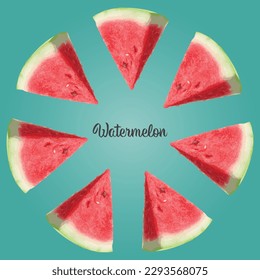 Realistic watermelon slices in a circular pattern illustration on isolated background, summer fruit, tropical fruits, summer vibes