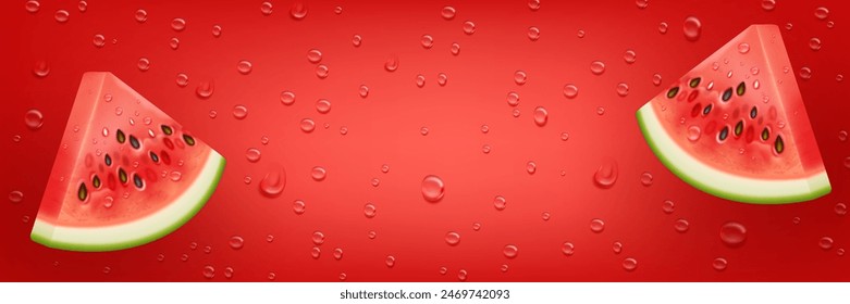 Realistic watermelon slices with water drops on red background. Web banner template, sale background with 3D elements.