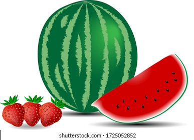 realistic watermelon and strawberry vector. 