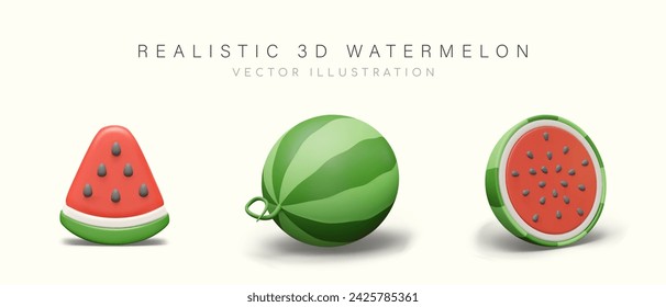 Realistic watermelon, whole half, slice. Vector set for advertising compositions