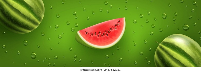 Realistic watermelon whole and slice flying on a green background with water drops. Web banner or background template with 3D elements.