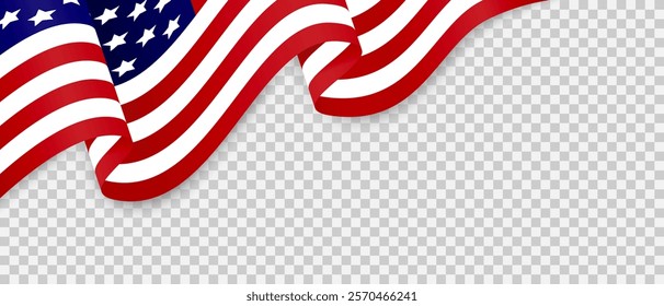 Realistic waving american flag on transparent background. For patriotic design and celebration Independence Day 4th of July, Memorial, Veterans Day. Presidential inauguration design element.