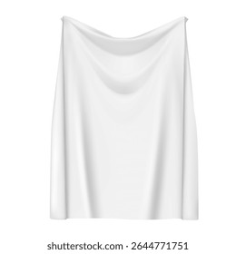 Realistic waving cloth texture sheet. White flag template. Clean hanging cotton fabric textile vertical canvas for promotion design. Vector 3d mockup. Empty blank textile advertising banner