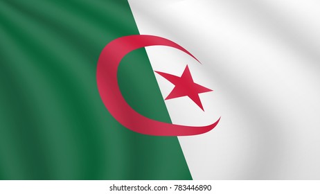 Realistic waving flag of Algeria. Current national flag of People's Democratic Republic of Algeria. Illustration of lying wavy shaded flag of Algeria country. Background with algerian flag.