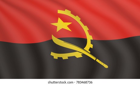 Realistic waving flag of Angola. Current national flag of Republic of Angola. Illustration of lying wavy shaded flag of Angola country. Background with angolan flag.